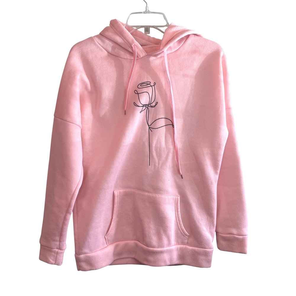 Womens Minimalist Rose Graphic‎ Fleece Lined Comfy Pullover Hoodie Pink Medium